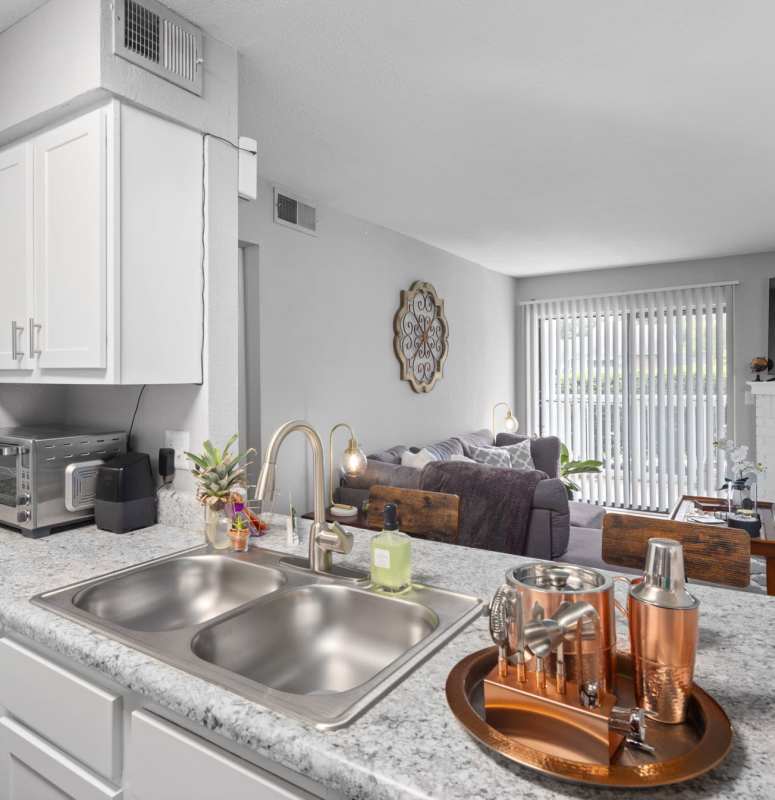 Kitchen with double-basin sink at Duraleigh Woods in Raleigh, NC