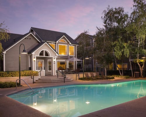 Swimming pool at dusk at a property managed by Sequoia