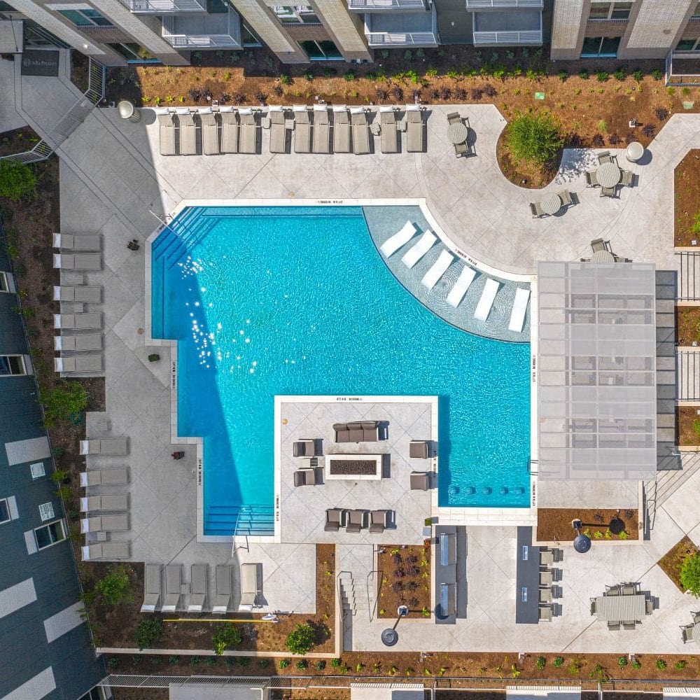 Aerial view of resort-style pool at Luxia Preston, Plano, Texas