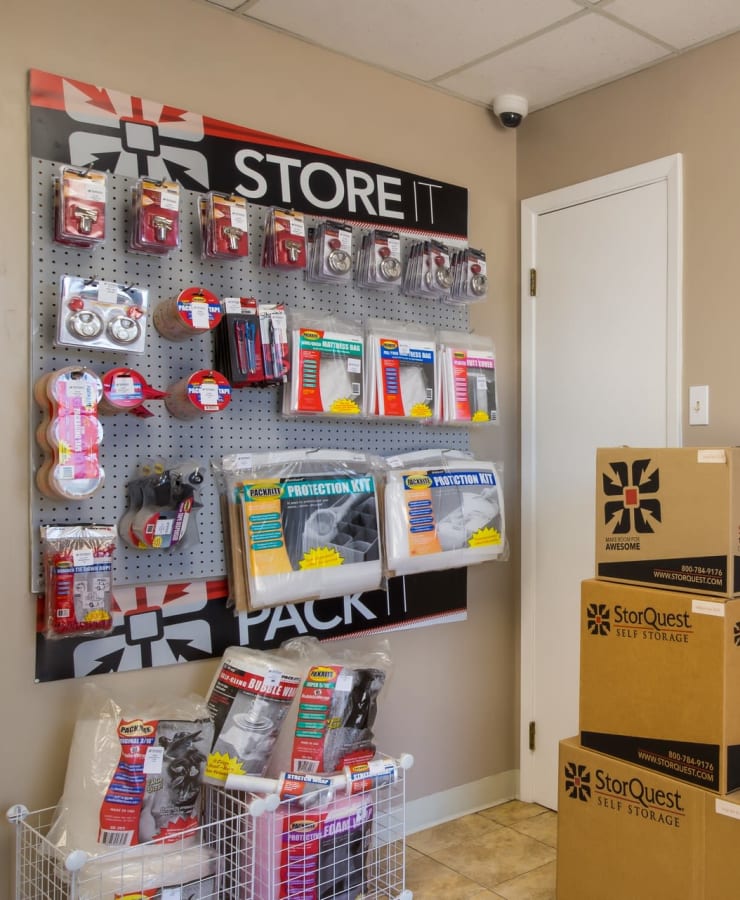 Packing supplies available in the leasing office at StorQuest Economy Self Storage in Texas City, Texas