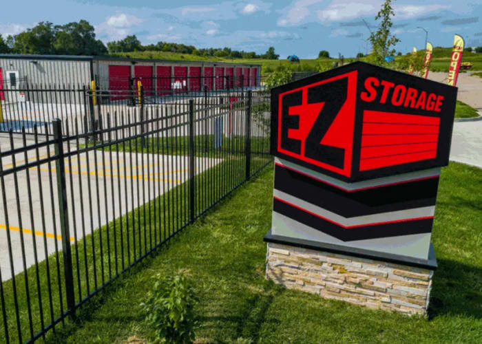 The sign in front of the entrance at EZ Storage in Des Moines, Iowa