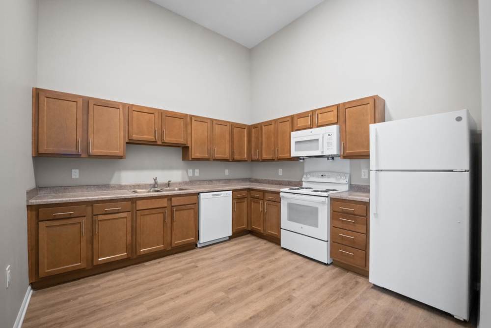 Kitchen with white appliances  at Washington Greene in Charleston, West Virginia