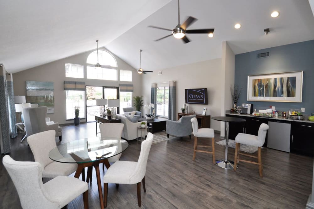 Clubhouse with seating and ceiling fans at Goldelm at The Views in Asheville, North Carolina