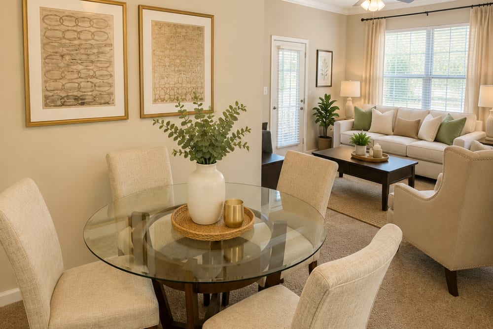 Modern dining room with island at Crescent Park Commons in Greer, South Carolina