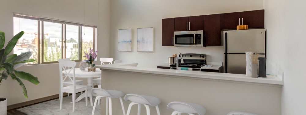 A kitchen with bar seating at Elan 41 Apartments in Seattle, Washington