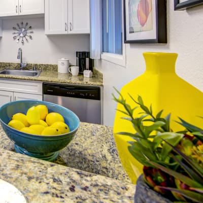 Lemons in a bowl in a model home's kitchen at Sofi Sunnyvale in Sunnyvale, California
