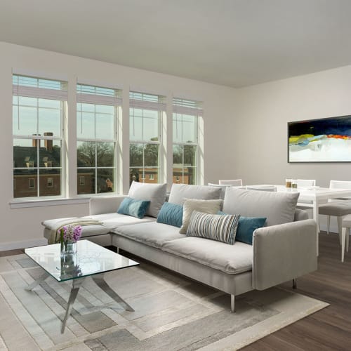 Well-lit model bedroom at The Ella Scott's Addition in Richmond, Virginia