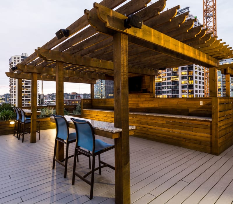 Community rooftop outdoor lounge at Marq 211 in Seattle, Washington