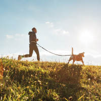 Man jogging with dog in grassy field near Sagamore Apartments in Benbrook, Texas
