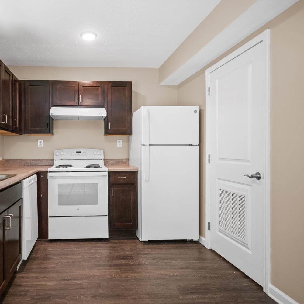Modern kitchen with dark wood cabinets, stainless steel appliances, and wood-style flooring at Josephs Crossing in Summersville, West Virginia