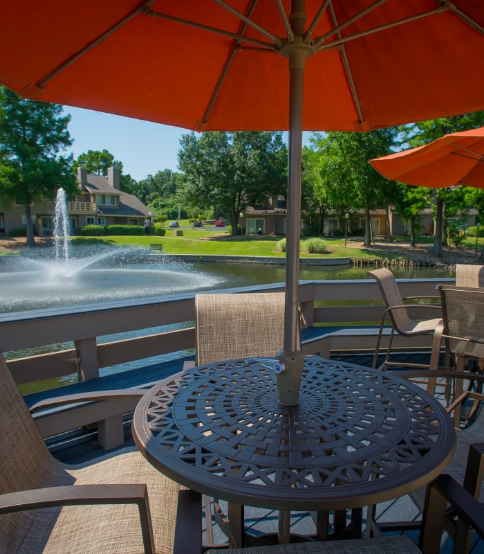 Umbrella deck seating at Sheridan Pond in Tulsa, Oklahoma