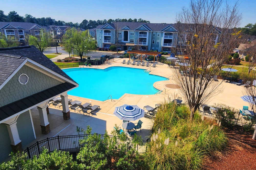 Drone shot of community at Preserve at Windsor Lake in Columbia, South Carolina