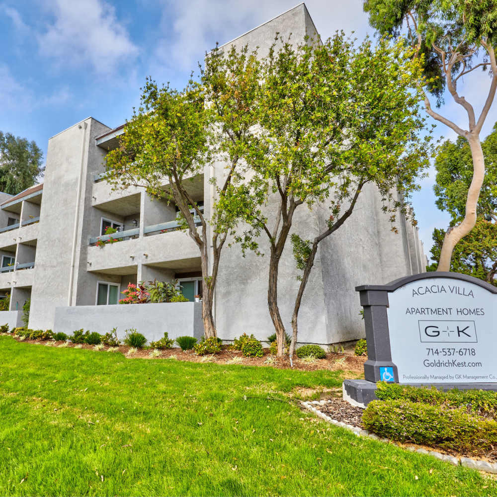 Name board of the apartments at Acacia Villa in Garden Grove, California, 