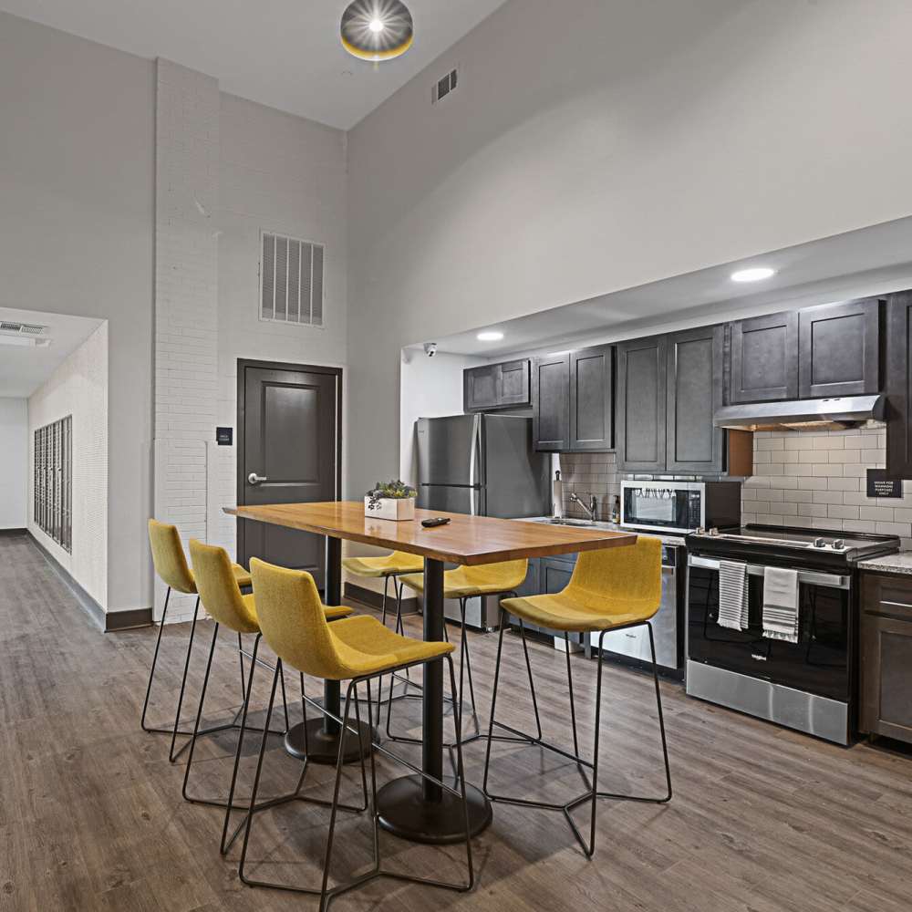Community kitchen area at The Lofts at the Municipal in Lafayette, Louisiana
