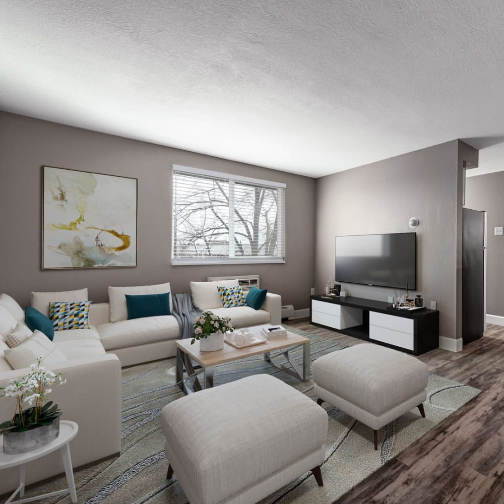 Modern living room and spacious hallway at Southglenn Place in Centennial, Colorado
