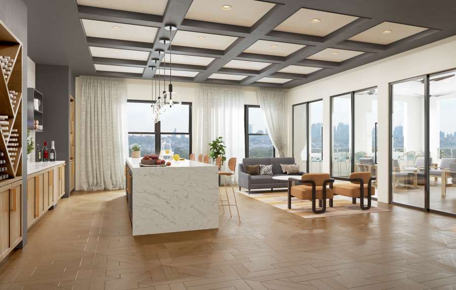 Spacious living room with wooden flooring at EVOQ East Cobb in Marietta, Georgia