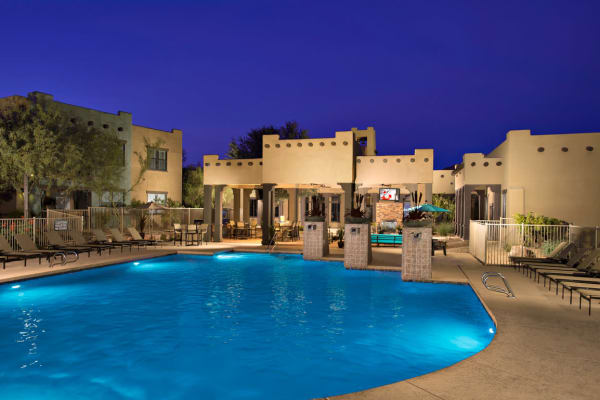 Beautiful swimming pool at night at Las Colinas at Black Canyon in Phoenix, Arizona