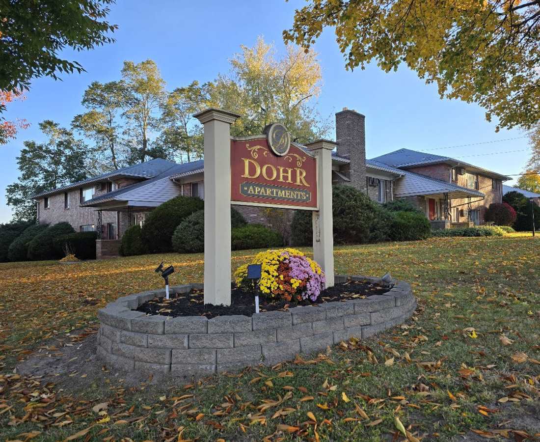 Side view of dohr apartments sign board at Dohr Apartments in Rochester, New York