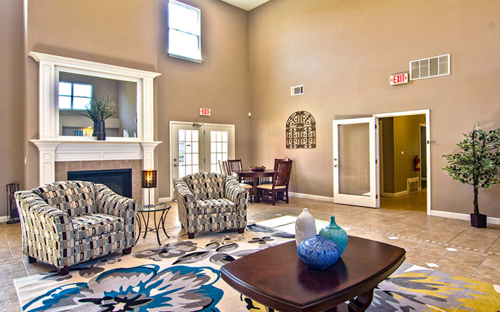 Resident clubhouse with a fireplace at Crescent at Wolfchase in Memphis, Tennessee