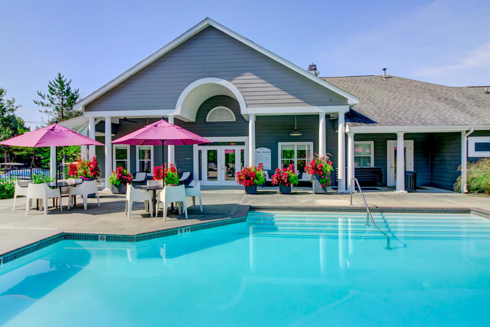 Pool and patio at Stewards Crossing Apartments in Lawrenceville, New Jersey