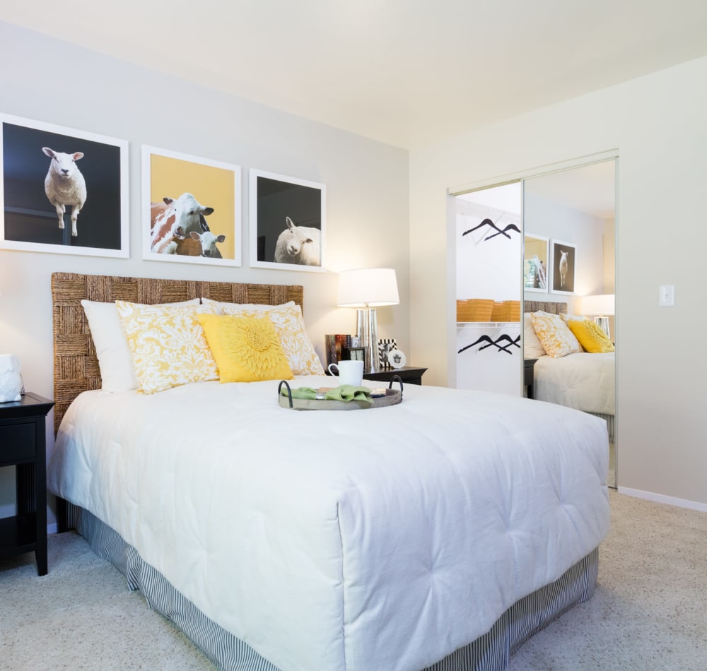 Model bedroom with soft carpet at Skyline at Murrayhill in Beaverton, Oregon