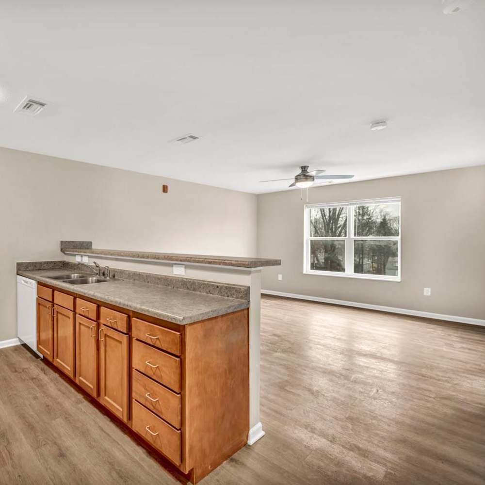 Kitchen counter with cabinets and sink at Chesterfield Terrace in Parma, Ohio
