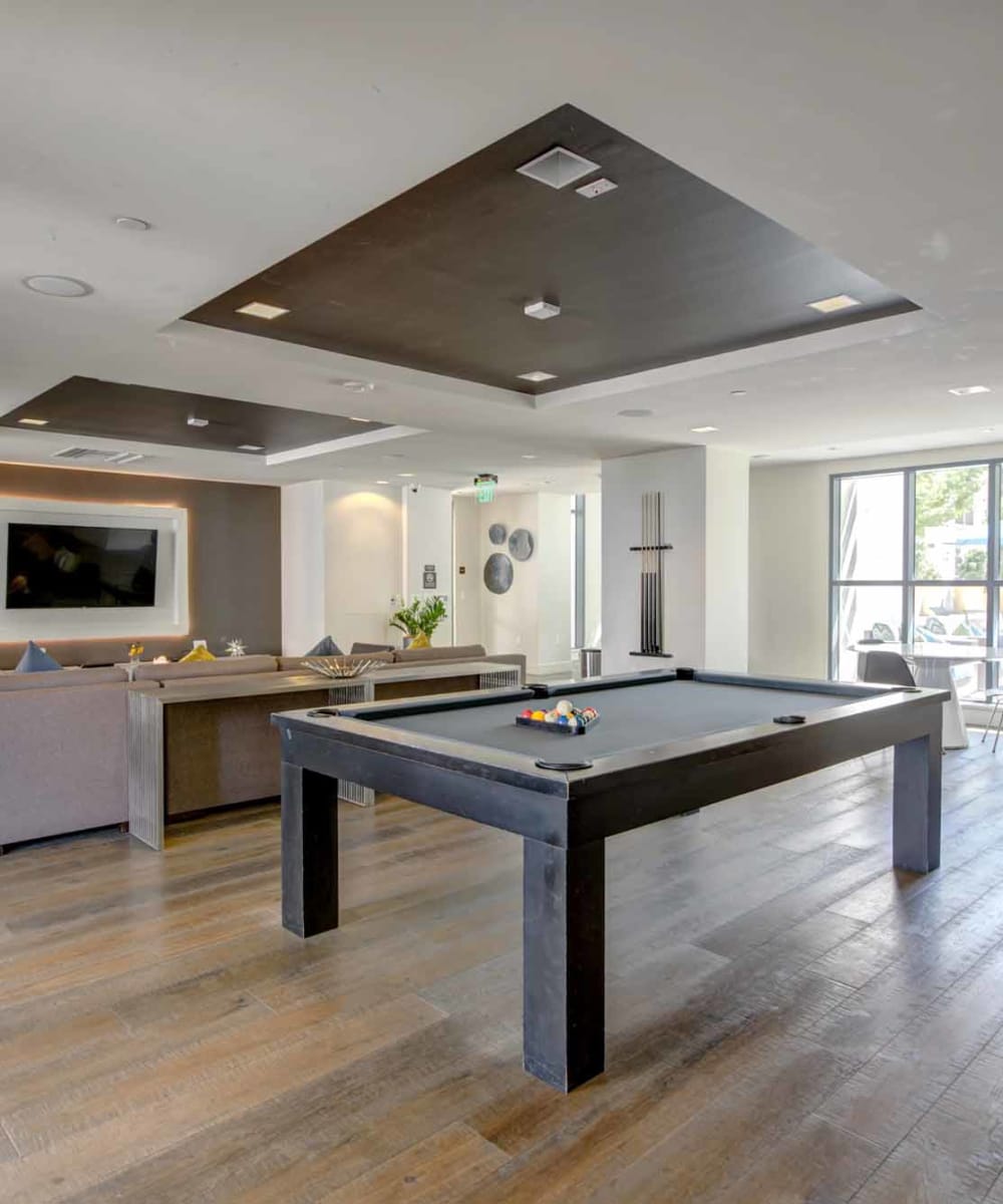 Billiards table in the modern resident clubhouse at Domus on the Boulevard in Mountain View, California