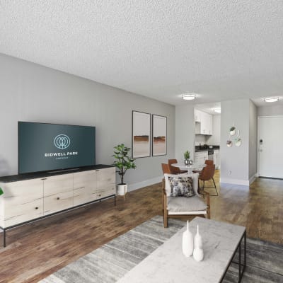 Modern move-in ready living room with open concept floor plan at Bidwell Park Fremont in Fremont, California