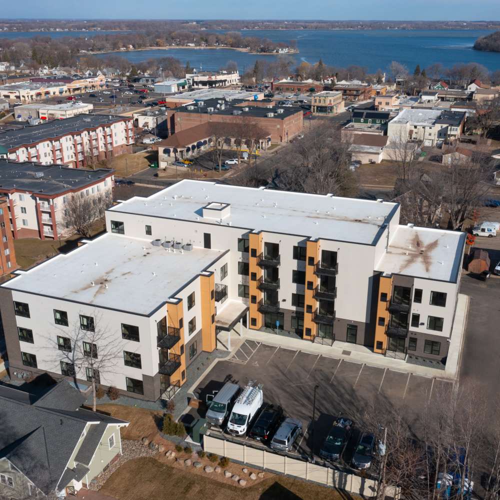 Aerial view of The Uptown Apartments in Waconia, Minnesota