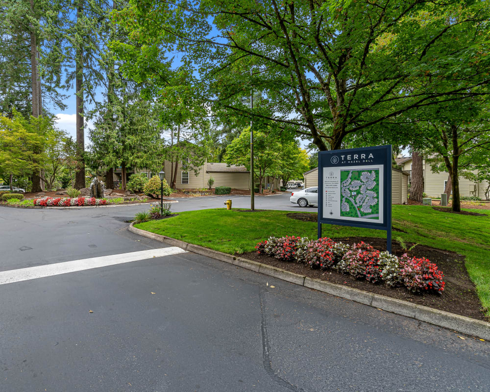 Green space and garden outside of Terra at Hazel Dell in Vancouver, Washington