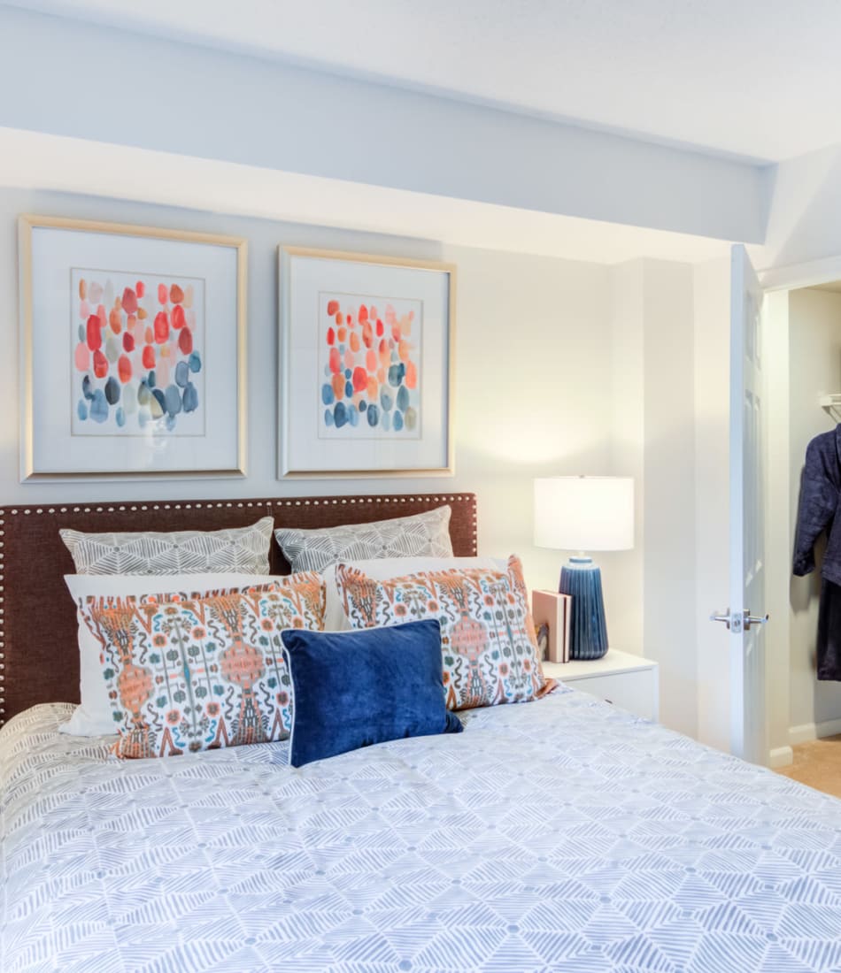 Comfortable bedroom with spacious closet at Sofi at 50 Forest in Stamford, Connecticut