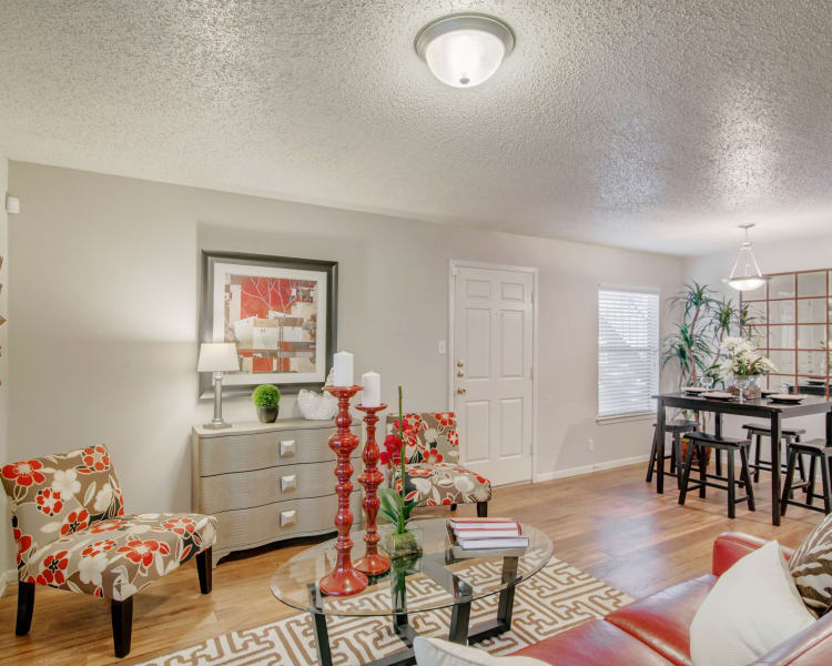 Beautiful apartment interior with hardwood flooring at Retreat at Hart Ranch in San Antonio, Texas