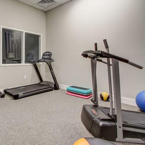 Fitness center with treadmills, exercise balls, and colorful mats for a healthy lifestyle at Lloyd House I in Menominee, Michigan