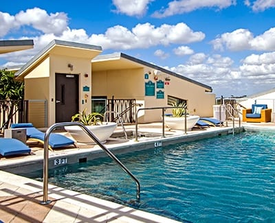 Beautiful rooftop pool with skyline views at The Exchange Lofts in Fort Lauderdale, Florida.