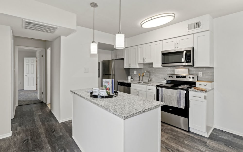 Kitchen with white cabinets and stainless steel appliances at Tamarron Apartment Homes in Olney, Maryland