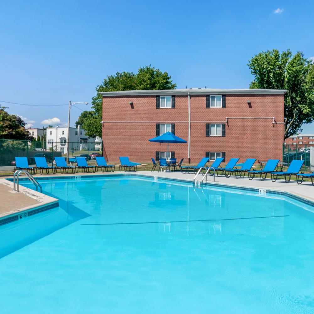Swimming pool surrounded by lounge chairs at Brookmont Apartment Homes in Philadelphia, Pennsylvania