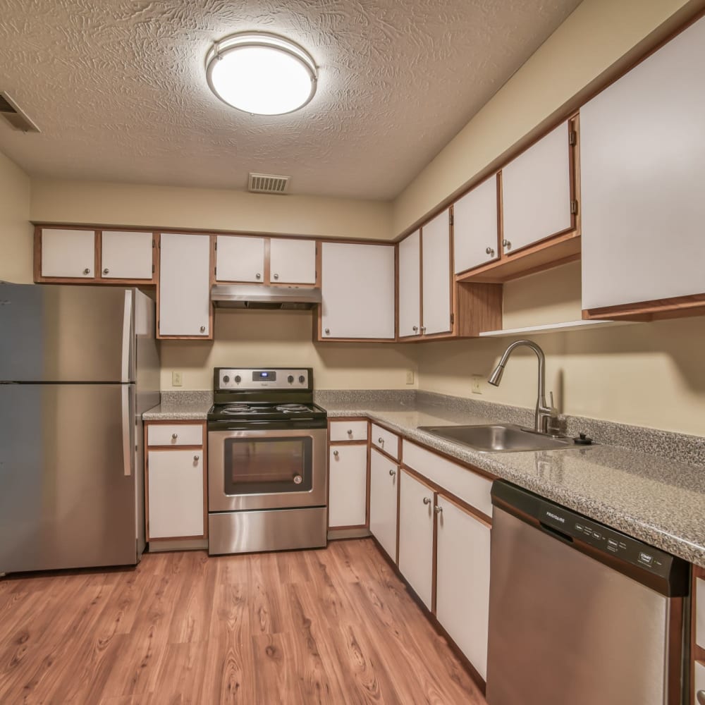 Kitchen with stainless-steel appliances at Pebble Creek, Twinsburg, Ohio