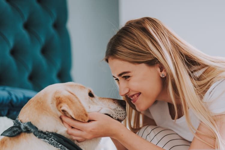 Resident and her dog loving their new home at Vue at Belleair in Clearwater, Florida