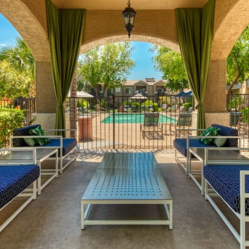 Covered outdoor seating area at Crestone at Shadow Mountain in Phoenix, Arizona