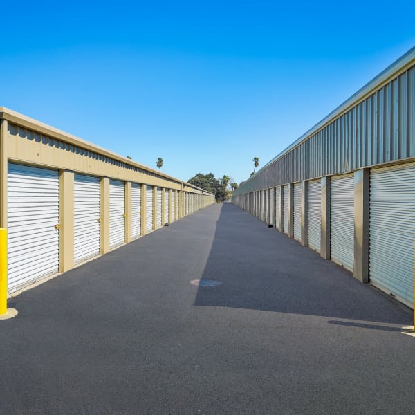 Drive-up storage units with wide drive aisles at Big E Self Storage in Stockton, California