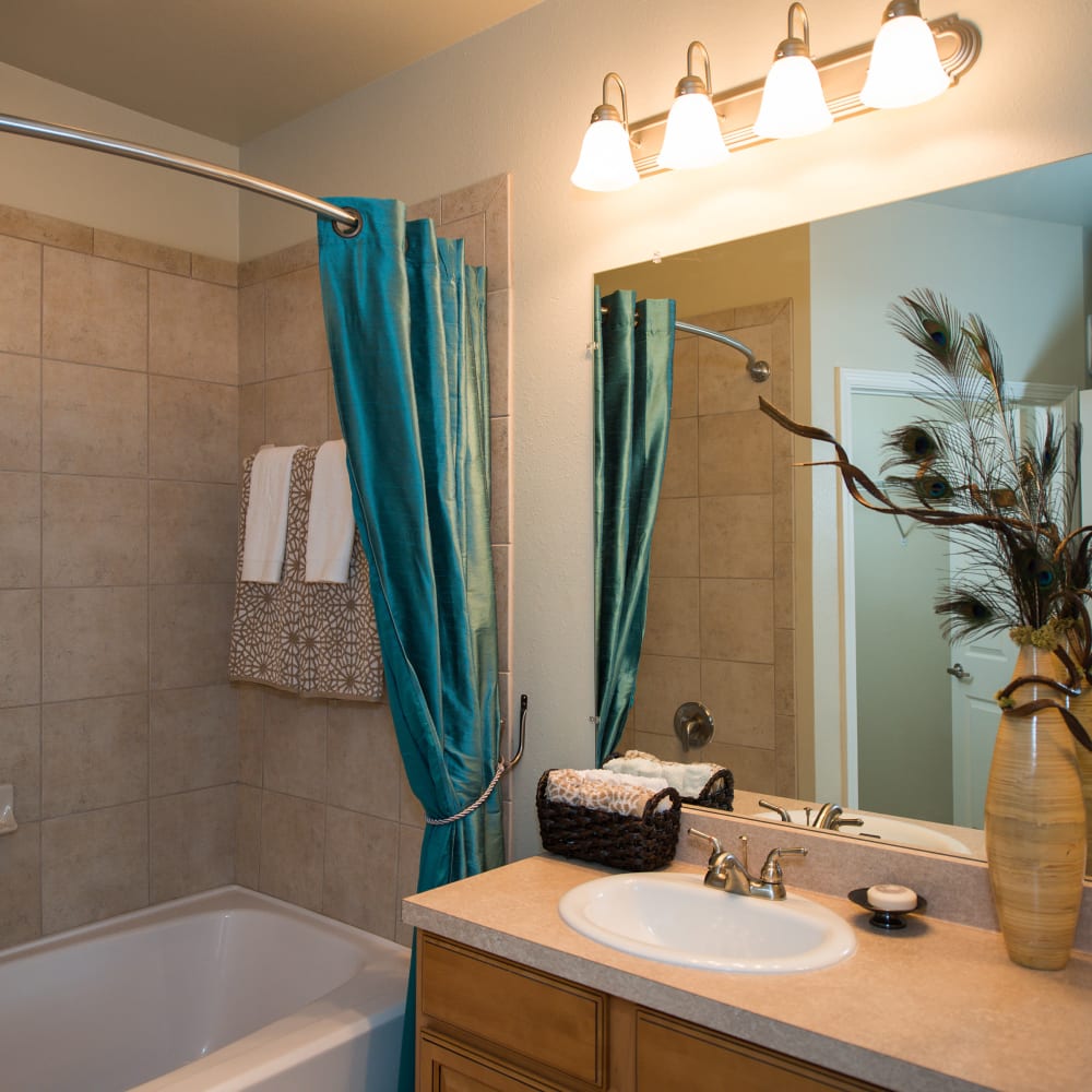 Bathroom with beautiful lights at the top of the mirror at Arden Place in Charlottesville, Virginia