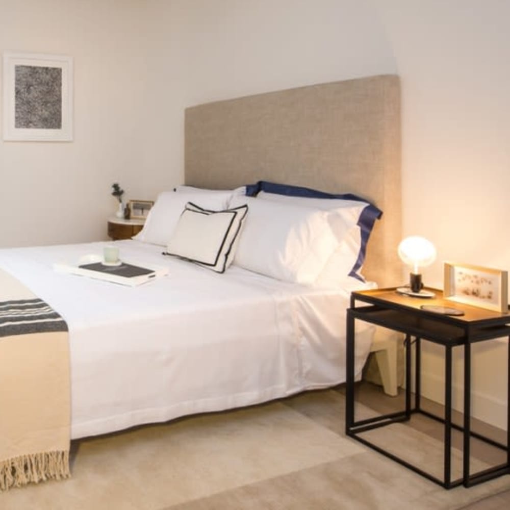 Model bedroom at Twenty Exchange in New York, New York