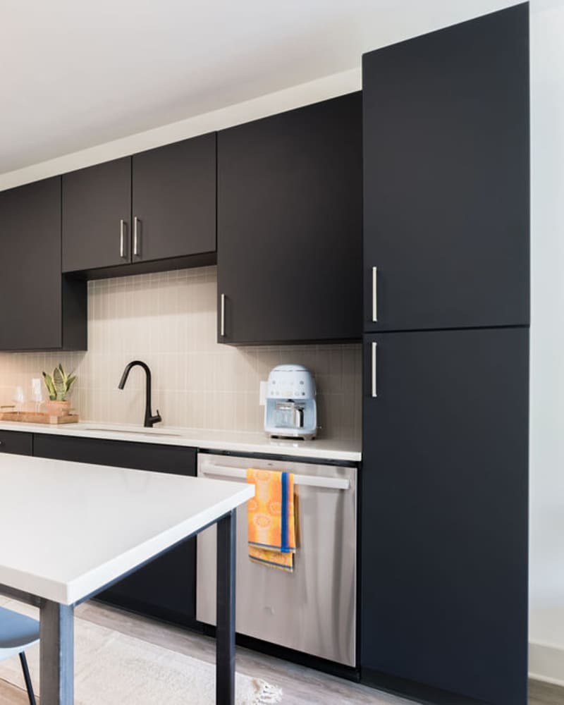 Kitchen with dark cabinetry at Channel House in Raleigh, North Carolina