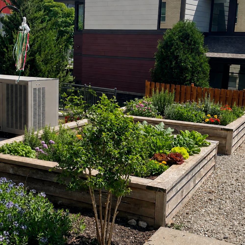 Outdoor Garden Bed area at Novation Senior Commons in Madison, Wisconsin