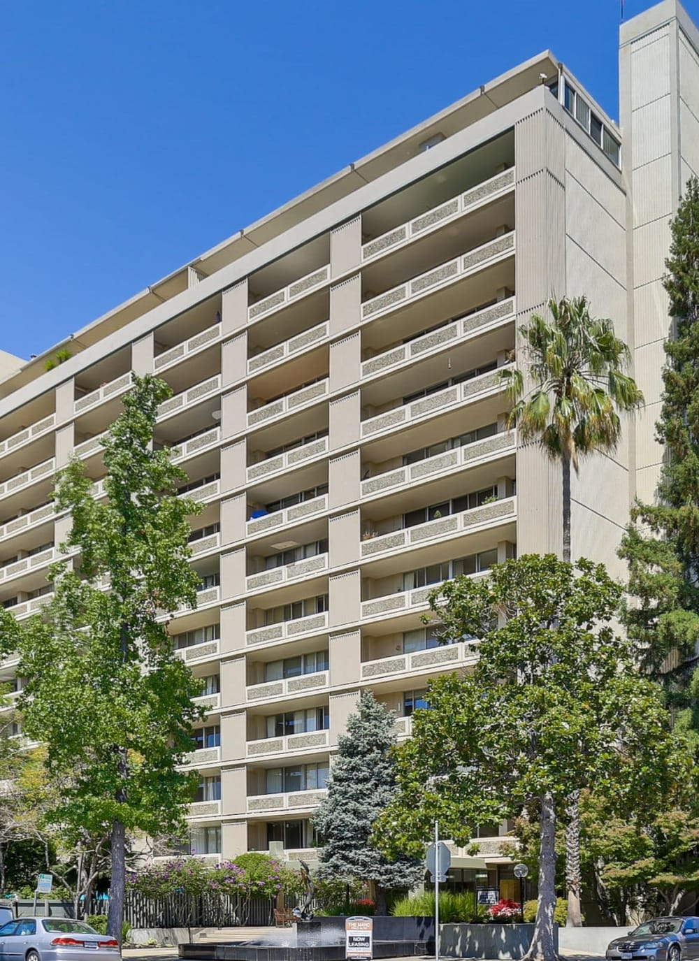 Exterior of high-rise apartments at The Marc, Palo Alto in Palo Alto, California