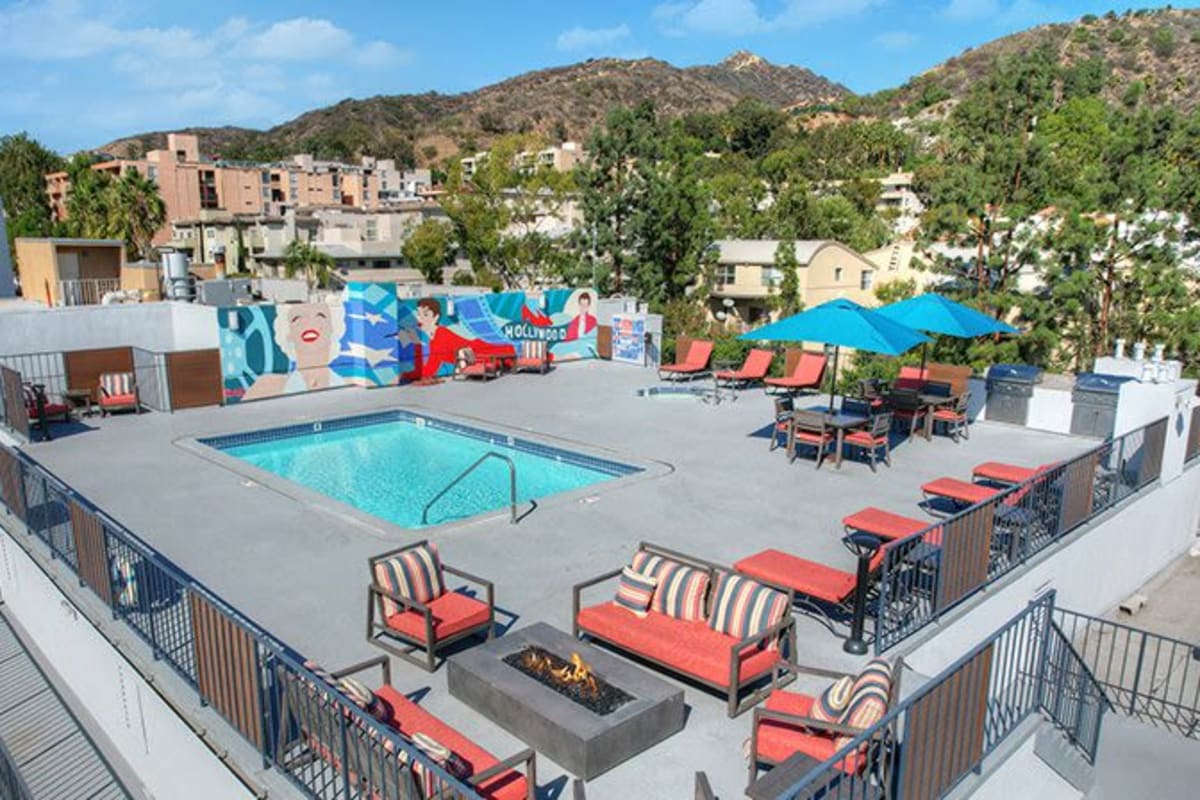 Pool with stylish patio at The Ruby Hollywood, Los Angeles, California