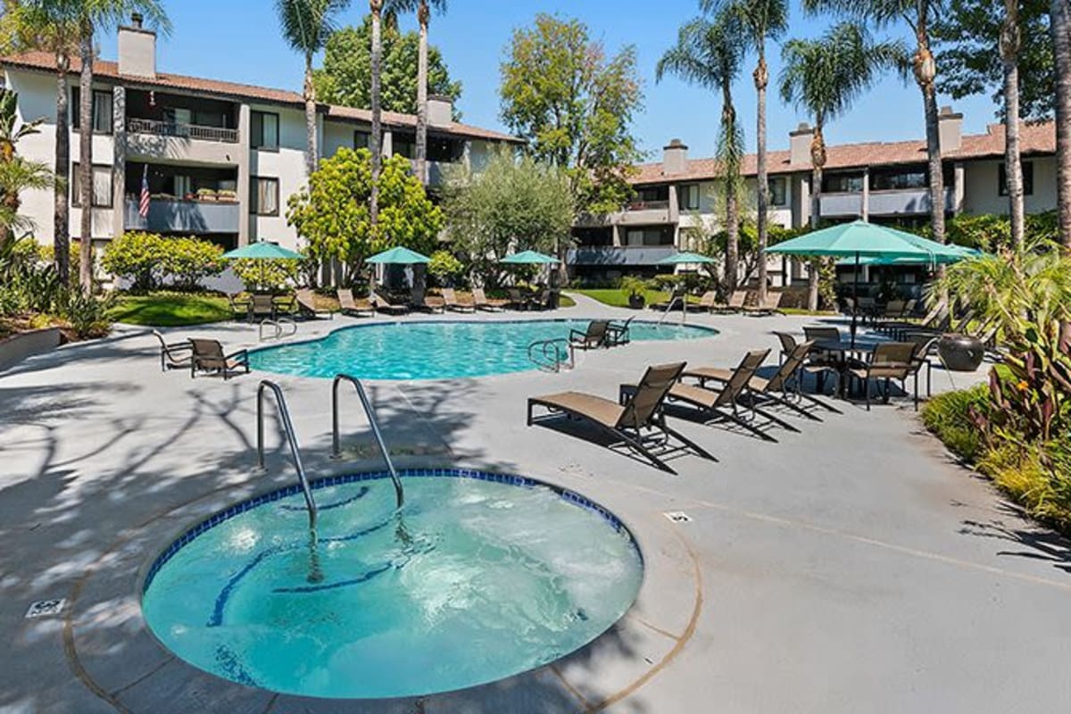 Resort-style pool and hot tub at Alura in Woodland Hills, California