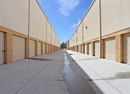 Outdoor units and a wide driveway at A-1 Self Storage in Chula Vista, California