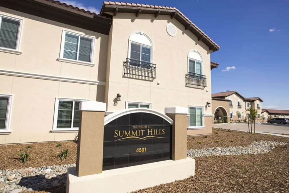 The main entrance at The Pointe at Summit Hills in Bakersfield, California. 