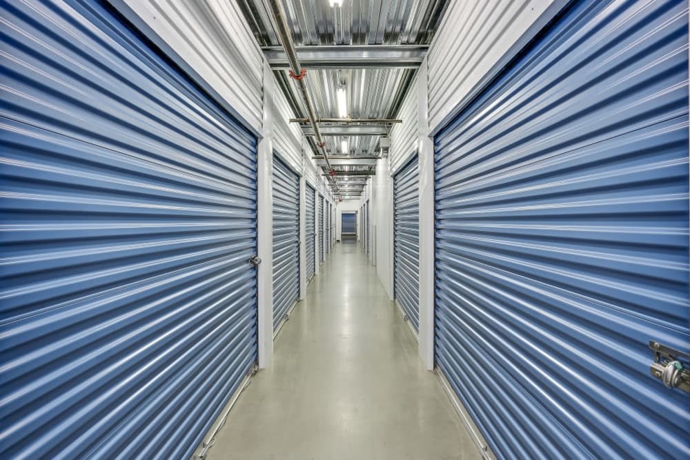 A row of indoor storage units at A-1 Self Storage in Lake Forest, California